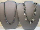 Two Silver Tone Necklaces including black and faux pearl beads and more, 4 oz