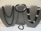 Three Black Beaded Wrap Choker, multi-strand seed bead, faux pearl necklace and more, 5 oz