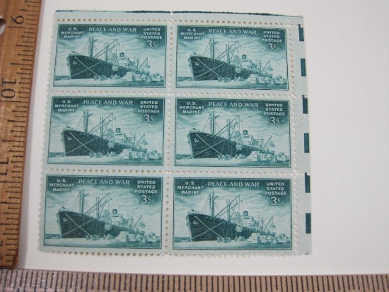 Block of Six 3 Cent Peace and War U.S. Merchant Marine US Postage Stamps