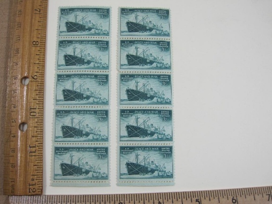 Two Blocks of Five 3 Cent Peace and War U.S. Merchant Marine US Postage Stamps