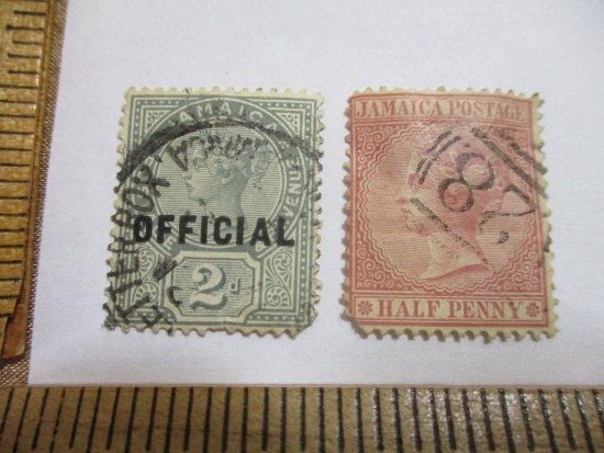 Two Jamaican Postage Stamps includes 1890 2d Official Watermark Scott #O4, 1872 Half Penny Scott #13
