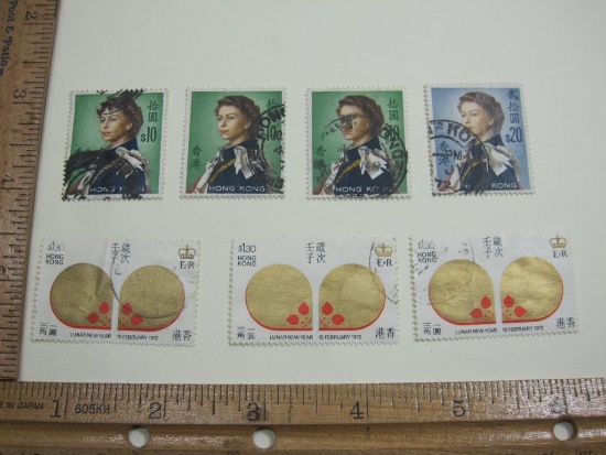 Seven Hong Kong Postage Stamps includes Three 1962 Queen Elizabeth $10 Scott #216, 1962 $20 Queen