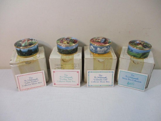 Four Vintage MJ Hummel Collector Music Boxes including Feeding Time, Little Fiddler, Apple Tree Girl