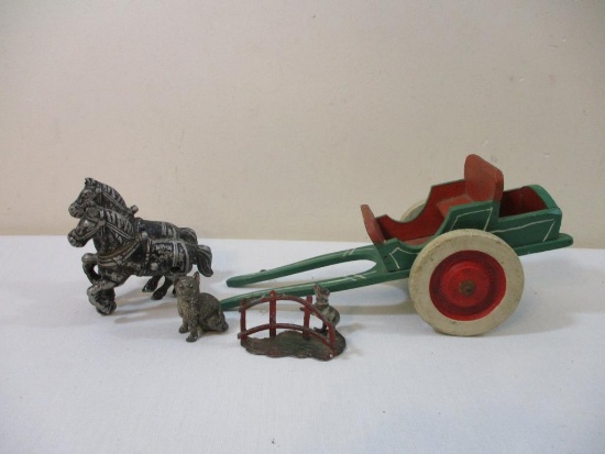 Lot of Vintage Toys including pewter car and dog, cast metal horses (marked USA) and wooden wagon