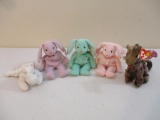 Five TY Beanie Babies including Scorch, Mystic, Hippity, Floppity and Hoppity, all tags included and