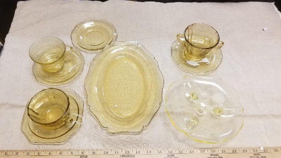 Nine Pieces of Goldenrod/Yellow Depression Glass including Cut Glass Footed Candy Dish