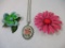 Lot of Floral Jewelry including 2 colorful floral pins and embroidered pendant, 4 oz