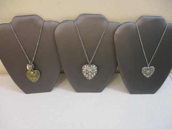 Three Silver Tone Necklaces with Heart Pendants, 3 oz