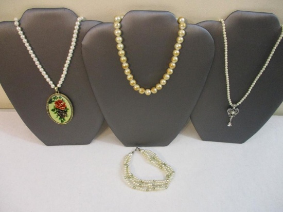 Four Faux Pearl Necklaces including floral pendant and more, 4 oz