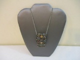 Beautiful Stone Decorated Pouch Pendant and Silver Tone Necklace, 2 oz