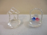 Two Swarovski Crystal Figurines including Heart Basket and Well, 3 oz