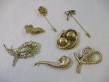 Lot of Gold Tone Jewelry including dog pin (RSK), Marboux brooch, 2 hat pins and more, 5 oz