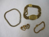 Four Gold Tone Jewelry Items including Speidel Monogram Bracelet, Krementz heart pin and more, 8 oz