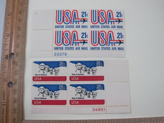 Two Blocks of 4 USA Air Mail Postage Stamps including 21-cent and 26-cent Shrine of Democracy