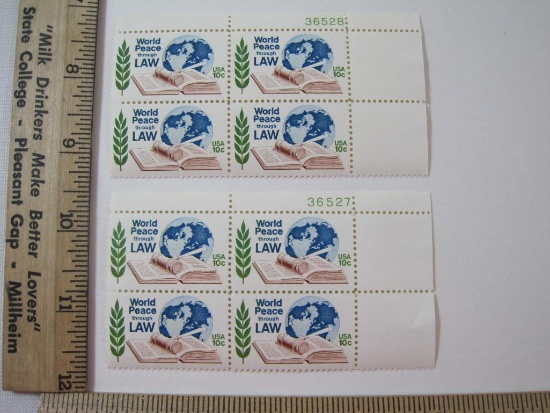 Two Blocks of Four 10 Cent World Peace through Law U.S. Postage Stamps Scott #1576