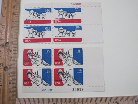 Two Blocks of 4 US Air Mail Stamps including 18-cent Statue of Liberty and 26-cent Shrine of