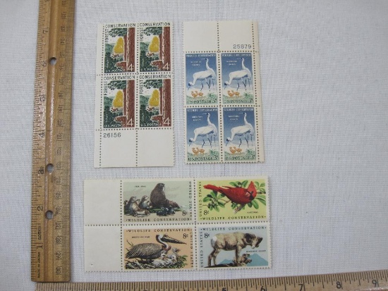 Three Blocks of 4 Conservation US Postage Stamps including Wildlife Conservation 8-cent (Scott #s