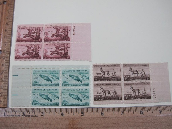Three Blocks of 4 1956 Wildlife Conservation 3-cent US Postage Stamps including King Salmon (Scott