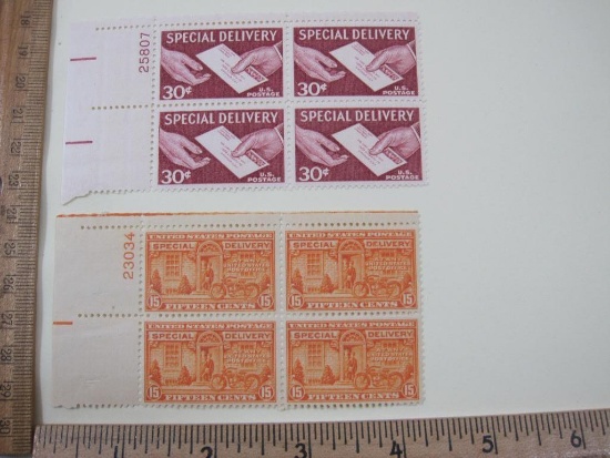 Two Blocks of 4 Special Delivery US Postage Stamps including 15-cents and 30-cents