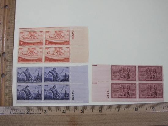 Three Blocks of 4 3-cent US Postage Stamps including Nebraska Territorial Centennial (Scott #1060),