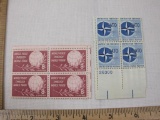 Two Blocks of 4 US Postage Stamps including 1959 4-cent Nato (Scott #1127) and 8-cent World Peace