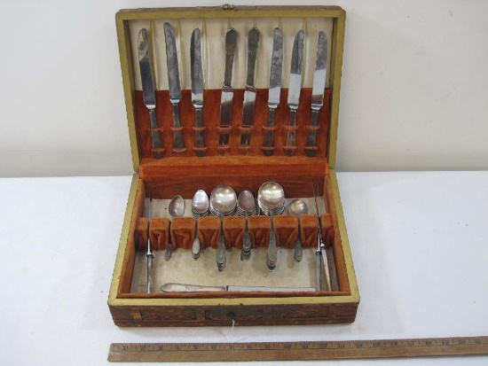 Vintage Carved Wooden Silverware Box with 38 Utensil Pieces