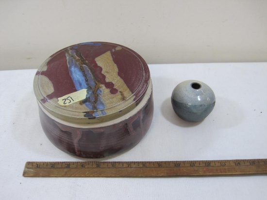 Signed Covered Dish and Small Vase, both glazed Pottery