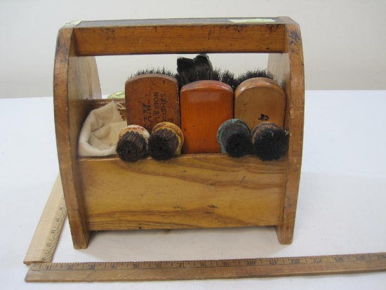 Vintage Wooden Shoe Shining Kit includes Brushes, Rag and Polish