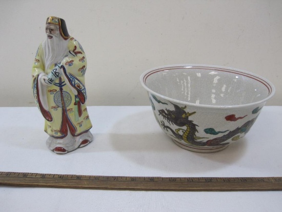 Asian Themed Glass Figurine and Dragon Bowl