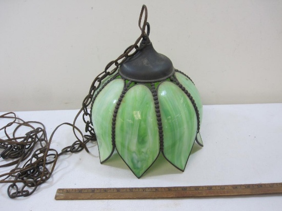 Green Slag Glass Hanging Pendant Lamp, 12 inches diameter