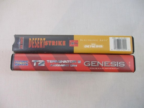 Two Sega Genesis Game Cartridges including Desert Strike and T2 Terminator 2 Judgment Day, both with