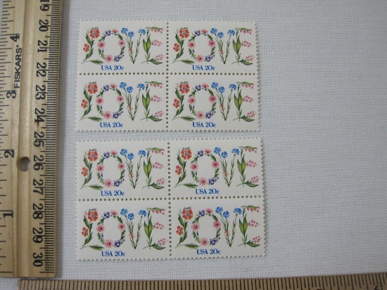 Two Blocks of Four LOVE 20 Cent US Postage Stamps Scott #1951