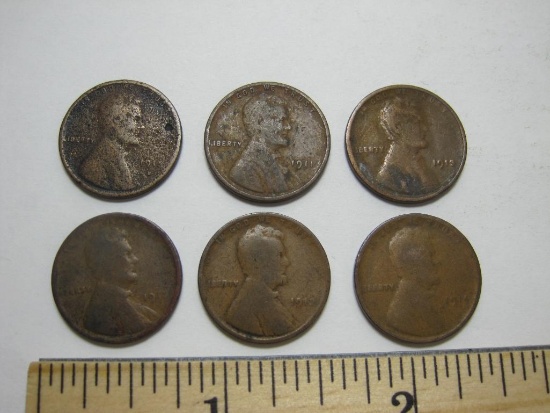 Six Wheat Pennies: 1911, 1912, 1913, 1913-S, 1914 & 1917