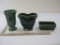 Three Green McCoy Pottery includes Woven Rectangular Planter, Tulip Planter and 10-Paneled Vase