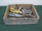 Assorted Tools in Wooden Crate includes Stable Gun, Scissors , Pliers, Squares and more