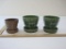 Three McCoy Pottery Basket Weave Planters, One Brown and Two Green Flower Pots with Attached Saucers