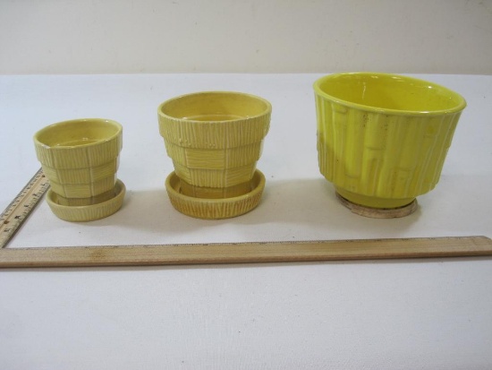 Assorted Sized Yellow McCoy Pottery Planters in Bamboo Pattern and Woven Basket Pattern