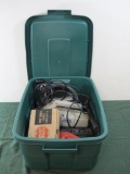 Tote of Assorted Tools including Black and Decker 3'8 Drill, Hoover Brush Vac, Drum Sander Sleeves,