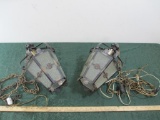 Two Vintage Metal Hanging Lights with Glass Panes
