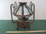 Footed Vintage Metal Table Top Lamp with Green and White Stag Glass Shade