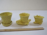 Three Yellow McCoy Pottery includes Quilted Rose Diamond Planter, Small Cornucopia Planter and Lotus