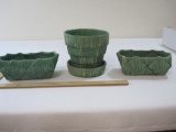 Three Green McCoy Pottery includes Woven Basket Patterned Planter, Two Diamond Pattern Window Boxes