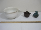 Three Assorted Decorations includes Cast Iron and Small Pottery Vase