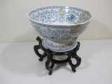 Blue Transferware Bowl with Wooden Stand See Pictures for Details has Hairline Fractures
