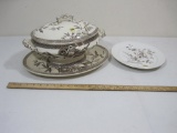 Brown Transferware Covered Serving Bowl, Platter and Plate See Pictures for Condition