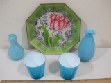 Pair of Glass Tumblers, Blue Glass Vase, Heavy Blown Glass Vase and Octagon Red Tulip Plate