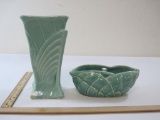 McCoy Pottery Aqua Leaf Patterned Planter and Aqua Art Deco Vase