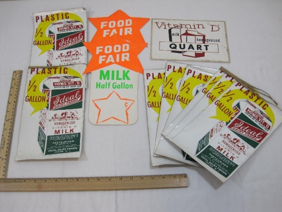 Vintage Advertisement Stickers includes Plastic 1/2 Gallon Ideal Dairy Farms and Food Fair Milk Half