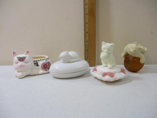 Four Vintage Ceramic Cat Items including 2 Avon Perfume Bottles, candle and trinket box with lid, 1