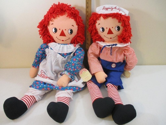 Two Large Vintage Applause Raggedy Ann and Andy Dolls with tags attached, 5 lbs 8 oz